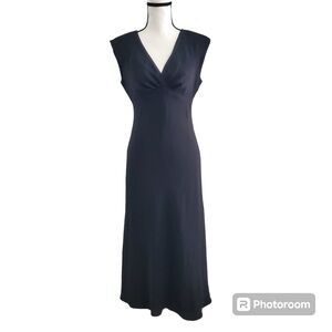 Chaps Baja A-Line Midi Dress 14 Black Classic Minimalist V Neck Cap Sleeve EUC